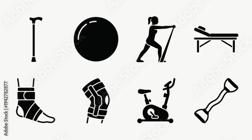 Physical Therapy Vectors Icon Set – Rehabilitation and Fitness Illustrations Featuring Cane, Exercise Ball, Resistance Band, Therapy Table, Ankle Brace, Knee Support, Stationary Bike, and Stretch Band