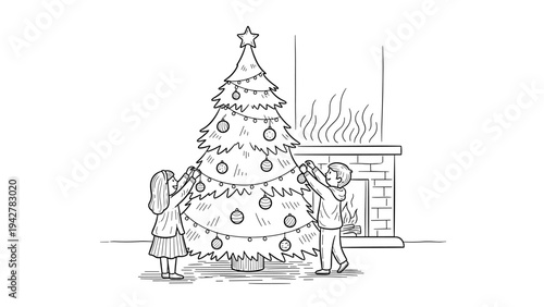 Children decorating a christmas tree by the fireplace in a cozy holiday scene
