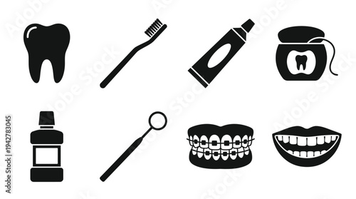 Dental Hygiene Vectors Icon Set – Oral Care Illustrations Featuring Tooth, Toothbrush, Toothpaste, Dental Floss, Mouthwash, Mirror Tool, Braces, and Smiling Mouth