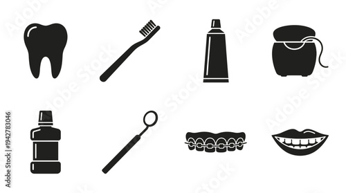 Dental Hygiene Vectors Icon Set – Oral Care Illustrations Featuring Tooth, Toothbrush, Toothpaste, Dental Floss, Mouthwash, Mirror Tool, Braces, and Smiling Mouth
