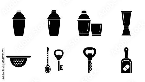 Essential bar tools icons: cocktail shaker, glass, blender, strainer, stirrer, bottle opener