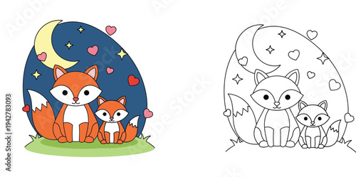 Cute cartoon fox parent and baby illustration. Colored and black white line art coloring page version with night sky, moon, stars, and hearts.
