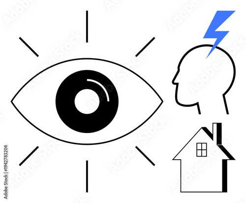 Awareness, mental health, vision, focus, home security, personal insight. Large eye symbol with lines radiating outward, profile of a head with a lightning bolt and a house icon. Awareness