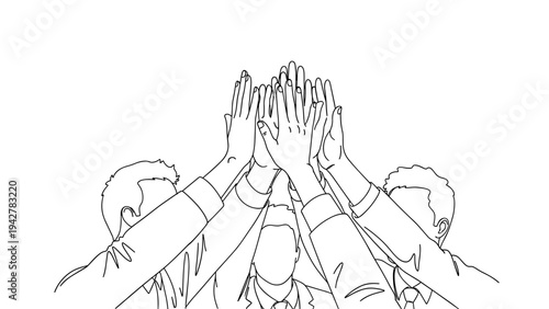 Teamwork success: linear group high five in business setting