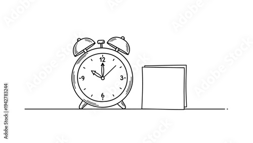 Vintage alarm clock and notebook in hand-drawn style