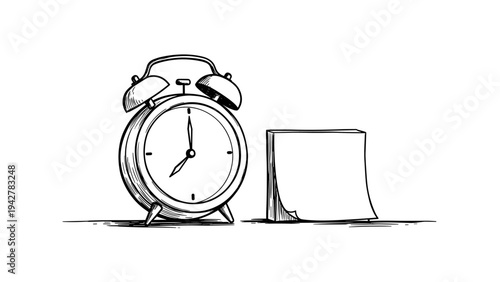 Hand drawn vintage alarm clock with blank notepad in black and white sketch style
