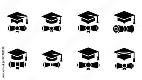 Graduation cap and diploma icon set in black silhouette style