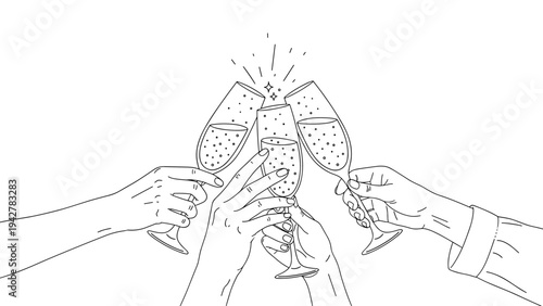 Celebration toast with champagne glasses in modern line art style