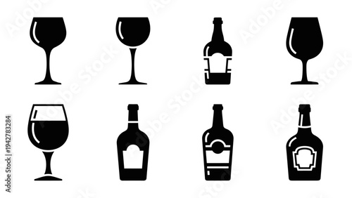 Silhouette wine glass and bottle set for drink and beverage designs