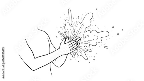 Minimalist black and white outline of hands washing with splash effect
