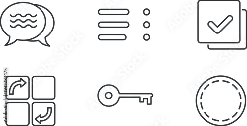 Collection of six distinct icons representing communication, settings, confirmation, software, security, and cycling