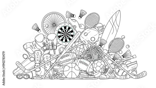 Dynamic sports equipment montage: line art of various athletic gear illustrates intensity and diversity in sports