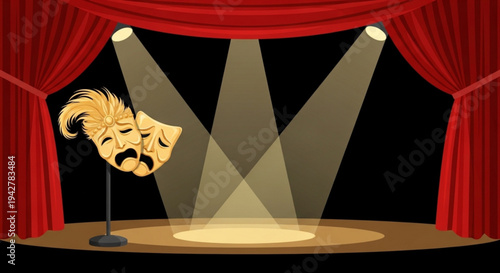 Theatrical stage with comedy and tragedy masks on stand under spotlights red curtains and dark background conveying drama and performance