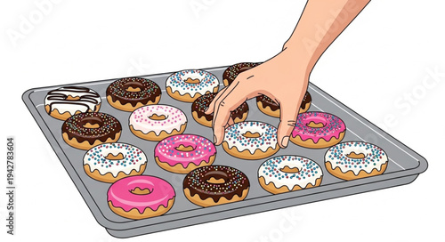 Hand Arranging Donuts on Baking Tray.