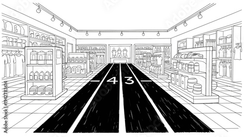 Linear design of athletic store interior with track aisle