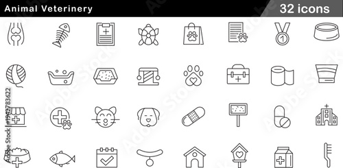 Animal Veterinary Thin Line Icons Set Pet Care, Veterinary Medicine, Dog Cat Health, Grooming Supplies and Animal Clinic Symbols for Pet Services