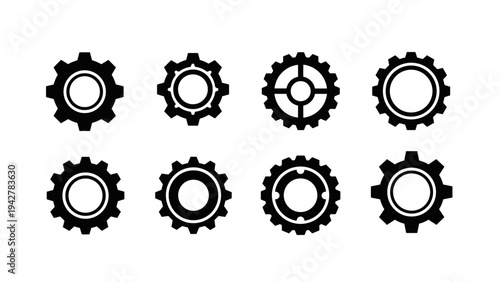 Set of eight black gear icons on white background