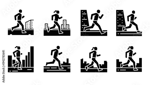 Urban running silhouette icons with cityscape backgrounds