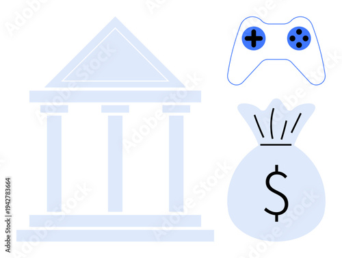 Banking, gaming industry, investments, financial rewards, digital entertainment, economic systems. A bank building, game controller and money sack icons. Banking and gaming industries concept
