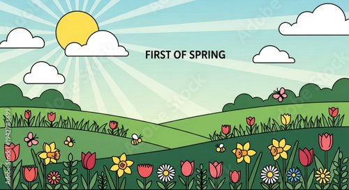 Vibrant spring landscape with blooming flowers sunny sky and fluffy clouds on a green hillside