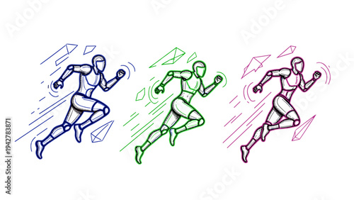 Futuristic athletic figures in dynamic line art with motion elements