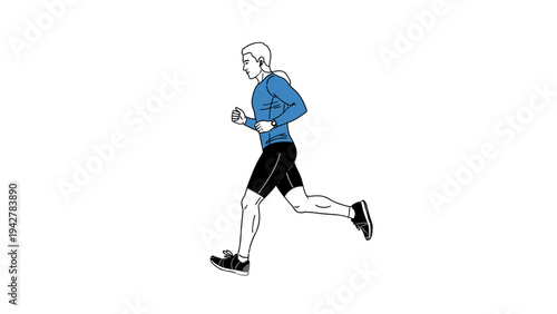 Stylized linear drawing of a man running with swirl design