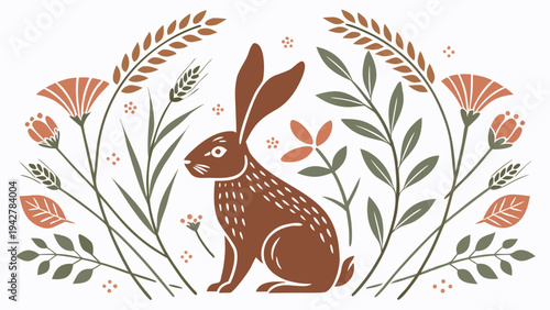 Stylized easter bunny sitting among spring flowers and leaves in minimalist vector illustration with earthy colors and folk decorative style