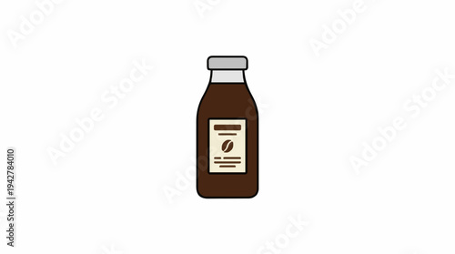 Clear glass bottle with dark brown liquid and a light beige label showing a coffee bean icon isolated on a white background