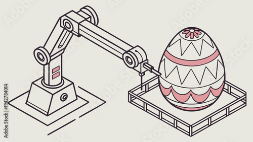 Isometric robotic arm painting decorative easter egg on conveyor platform in minimalist vector line illustration