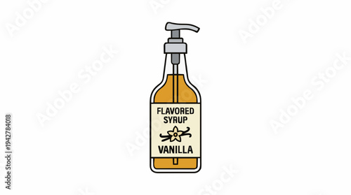 Clear Glass Bottle with Pump Dispenser Filled With Golden Vanilla Flavored Syrup on a White Background
