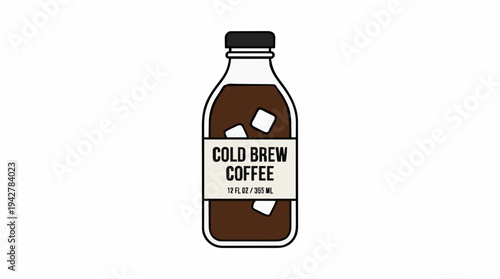 Glass bottle of cold brew coffee with ice cubes isolated on white background detailed vector illustration