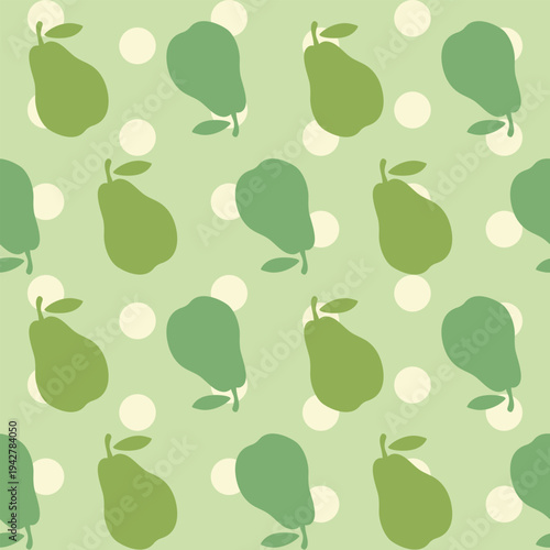 Fresh pear fruit repeat pattern with green pears and dotted circle background on light green for fabric, wrapping paper, stationery and kitchen decor
