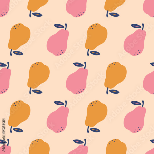 Modern summer pear silhouette seamless pattern with pink and orange pears on pastel beige background for prints, kitchen textiles, and gift wrapping
