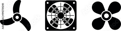 Three different types of fan blades and a fan housing unit displayed side by side.