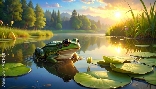 A serene pond scene depicts a frog in water amidst lily pads, grassy shores, and a forest backdrop at sunset. Golden light bathes the environment