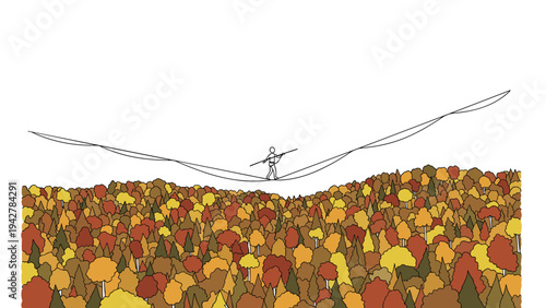 Tightrope walker above autumn forest with simplified trees in linear style