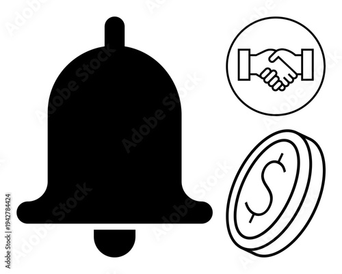 Notification concept. Notification bell highlights alerts and updates. Notification links with coin for financial transactions and handshake agreement. For apps, communication, finance, services