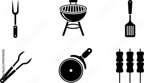 Black silhouette vector icons of barbecue grill, meat fork, spatula, tongs, frying pan, and skewers for outdoor cooking design