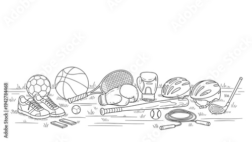 Outline sports equipment collection: tennis, basketball, baseball, cycling