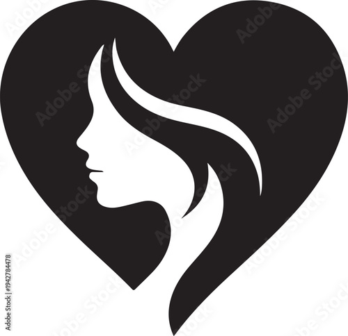 Female profile in heart illustration vector silhouette on transparent background