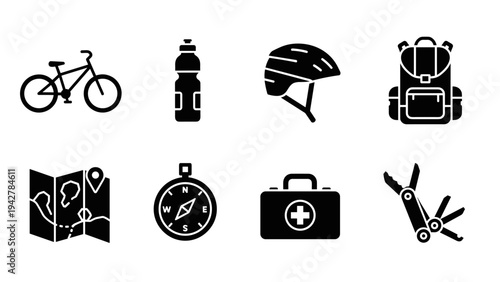 Outdoor adventure gear: essential camping and hiking equipment icons