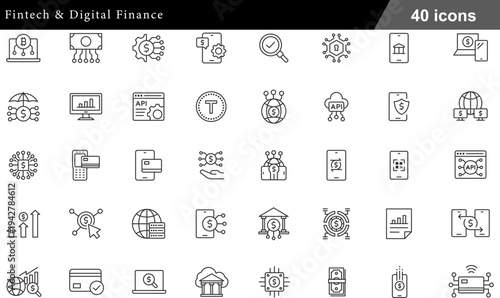 Fintech and Digital Finance Thin Line Icons Set Online Banking, Cryptocurrency, Blockchain, Contactless Payments and Secure Transactions Symbols for Fintech Apps