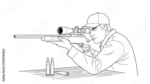 Focused marksman in cap aiming rifle with precision line art style