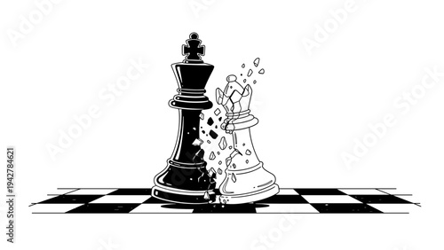 Dynamic chess king and queen in cracked design on checkerboard