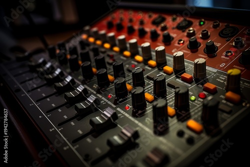 Close up view of an audio mixer with many controls used for music production
