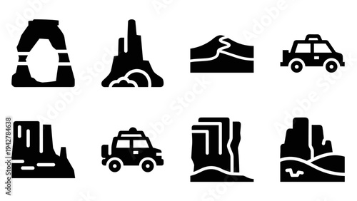 Nature and adventure icons: black silhouette set of landscapes and vehicles