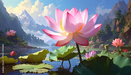 A serene pond scene depicts vibrant lotus flowers in bloom. Lush green lily pads adorn the calm water, with mountain vistas in the background