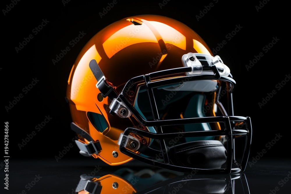 Fototapeta premium Glossy orange football helmet with black facemask sitting on reflective dark surface
