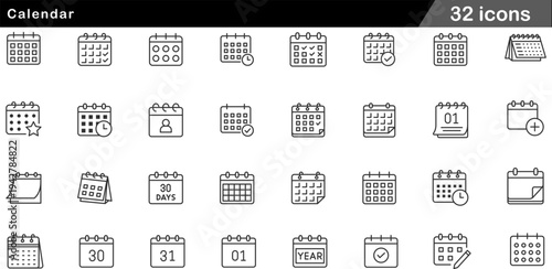 Calendar Thin Line Icons Set Scheduling Tools, Time Management, Date Tracking, Appointment Planning and Deadline Symbols for Business Organization