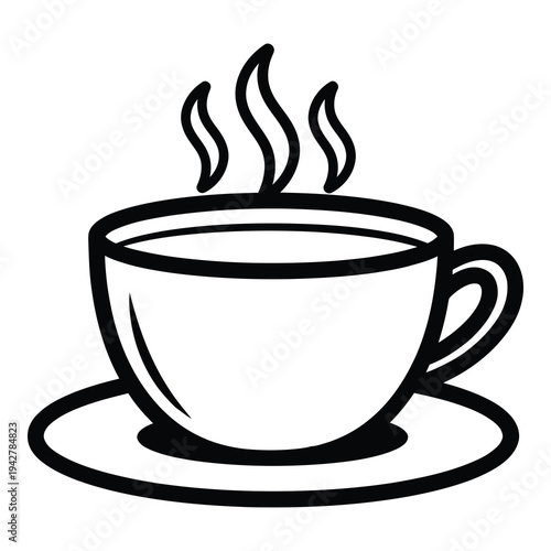 Black and white line art of a steaming hot tea cup on a saucer icon